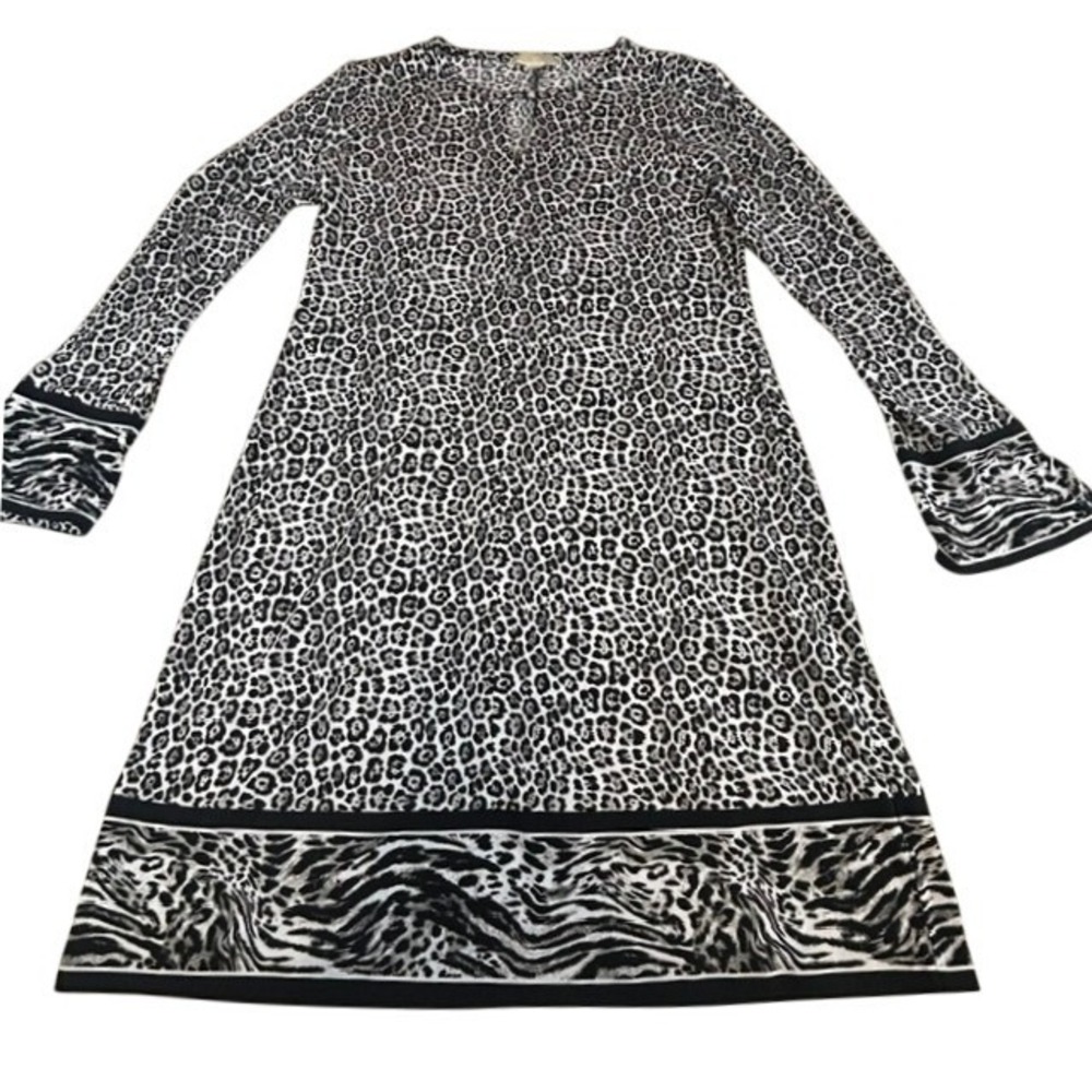Michael Kors Black White Leopard Animal Print Long Sleeve Keyhole Dress MD